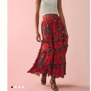 FARM Rio Red and Blue Tiered Maxi Skirt with Tie Front